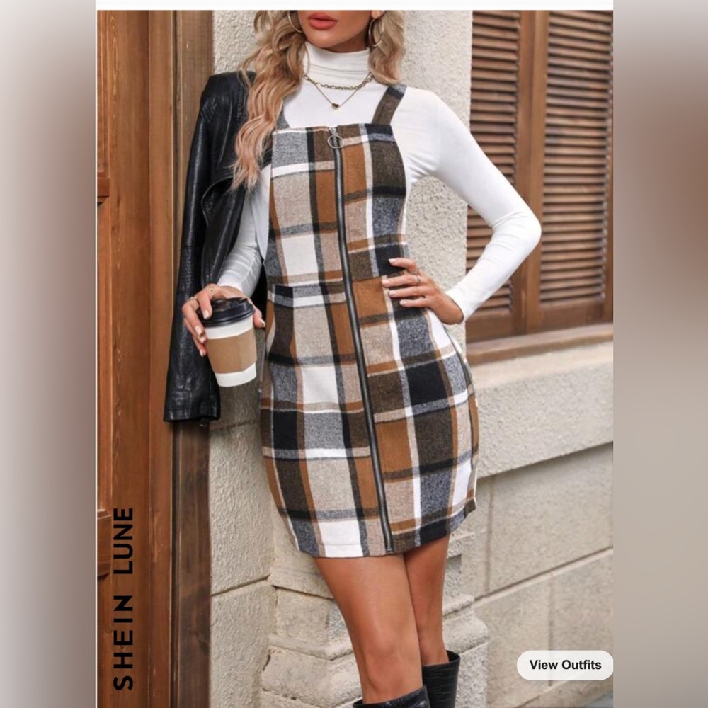 (M) Shein Zip up Overall Plaid Dress
